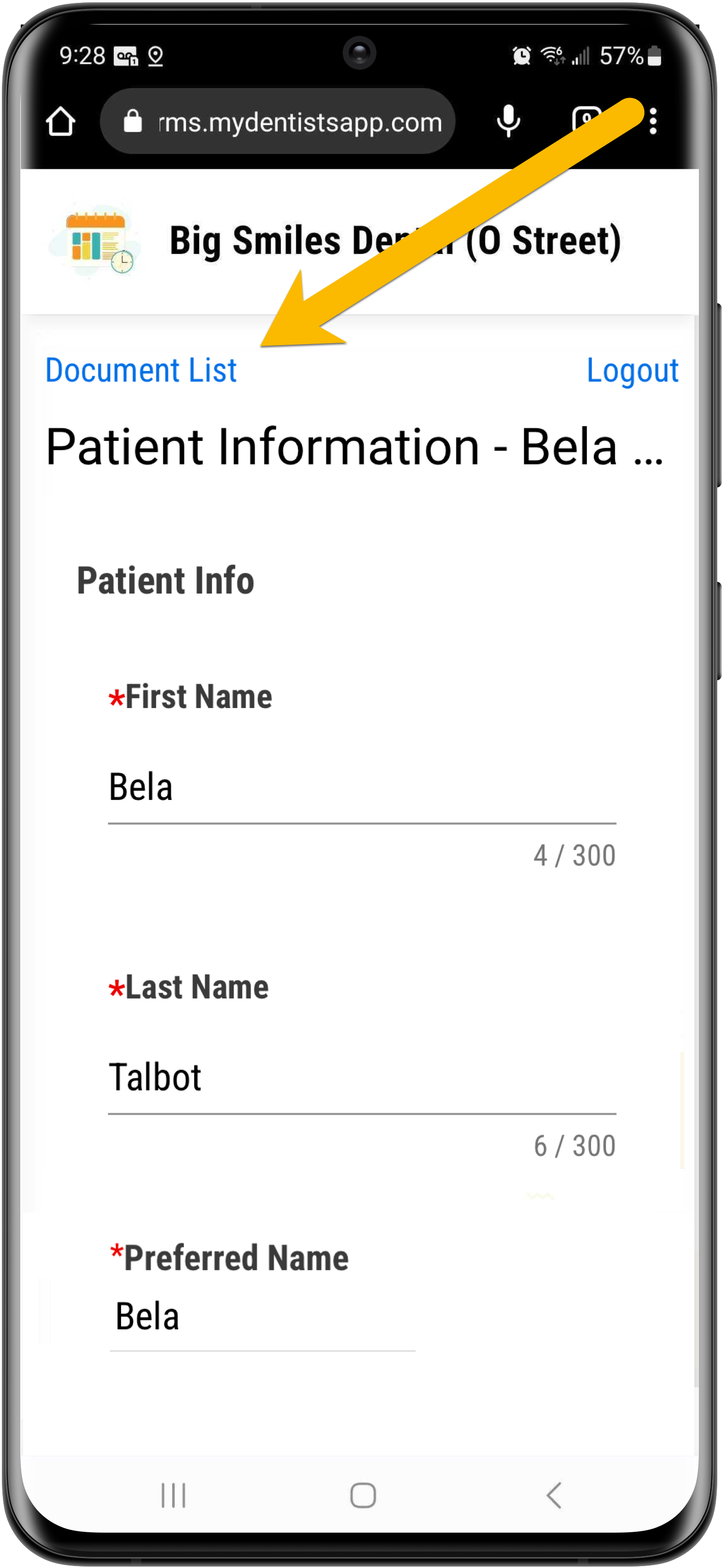 Mobile phone showing a patient's partially completed form and two links: Document List and Logout.