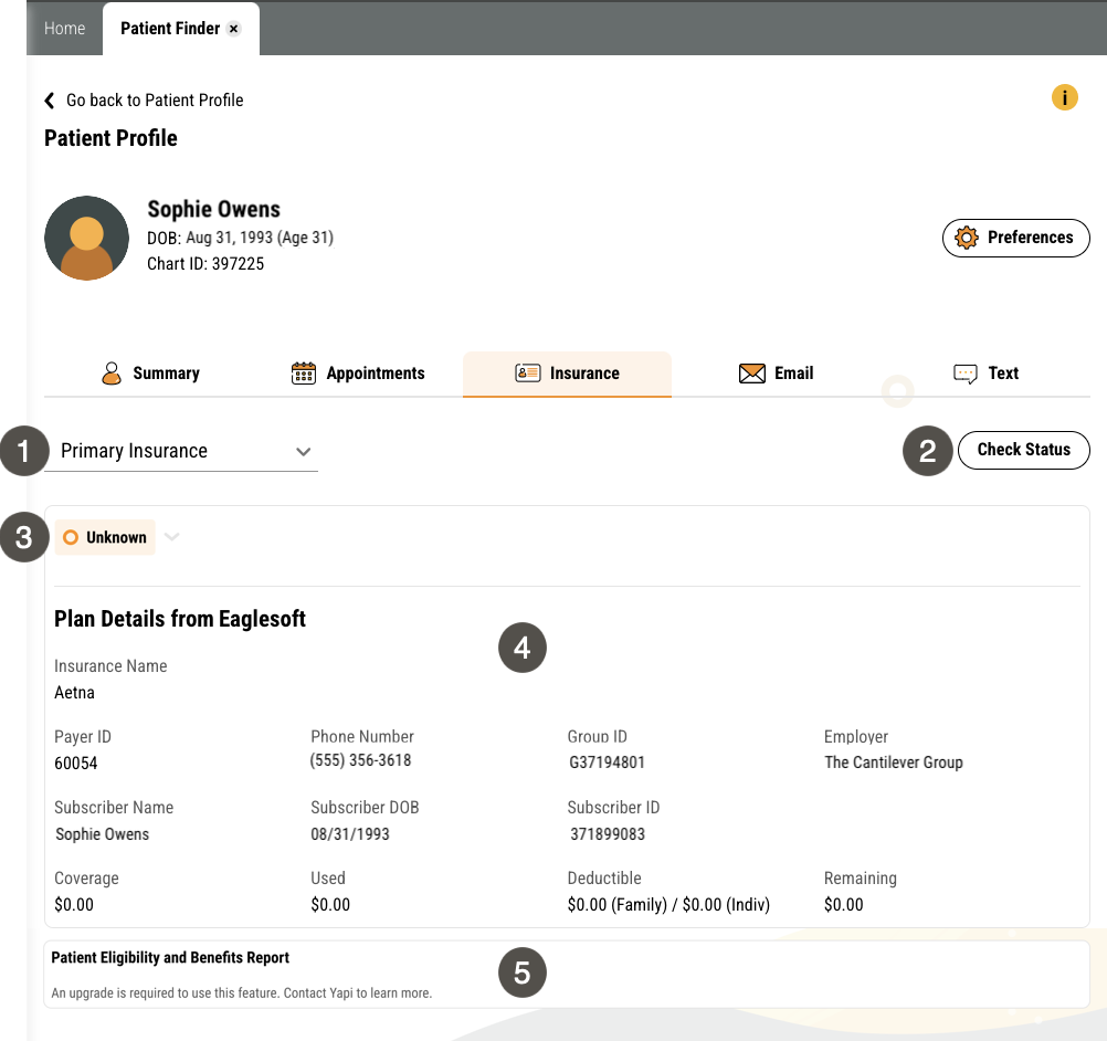 Insurance tab of a patient's Patient Profile page with several items numbered, described in the table to the right.