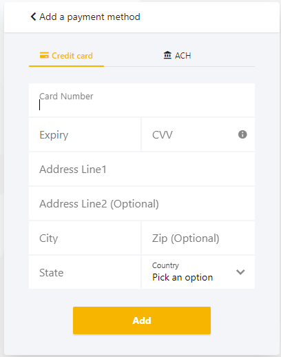 Add Payment Method window with Credit Card tab highlighted, showing fields for card number, expiration, C.V.V., and address and an Add button. Also shows 2 other tabs: PayPal and A.C.H.