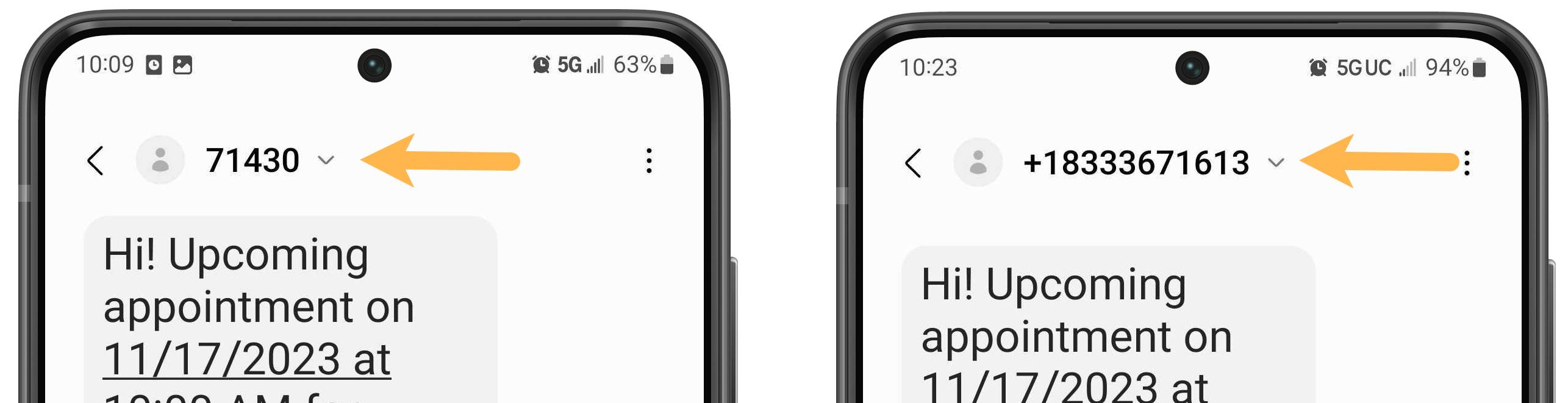 Two phones showing text conversations. One phone shows the contact number as a short code of 7.1.4.3.0. The other shows a regular ten-digit phone number.