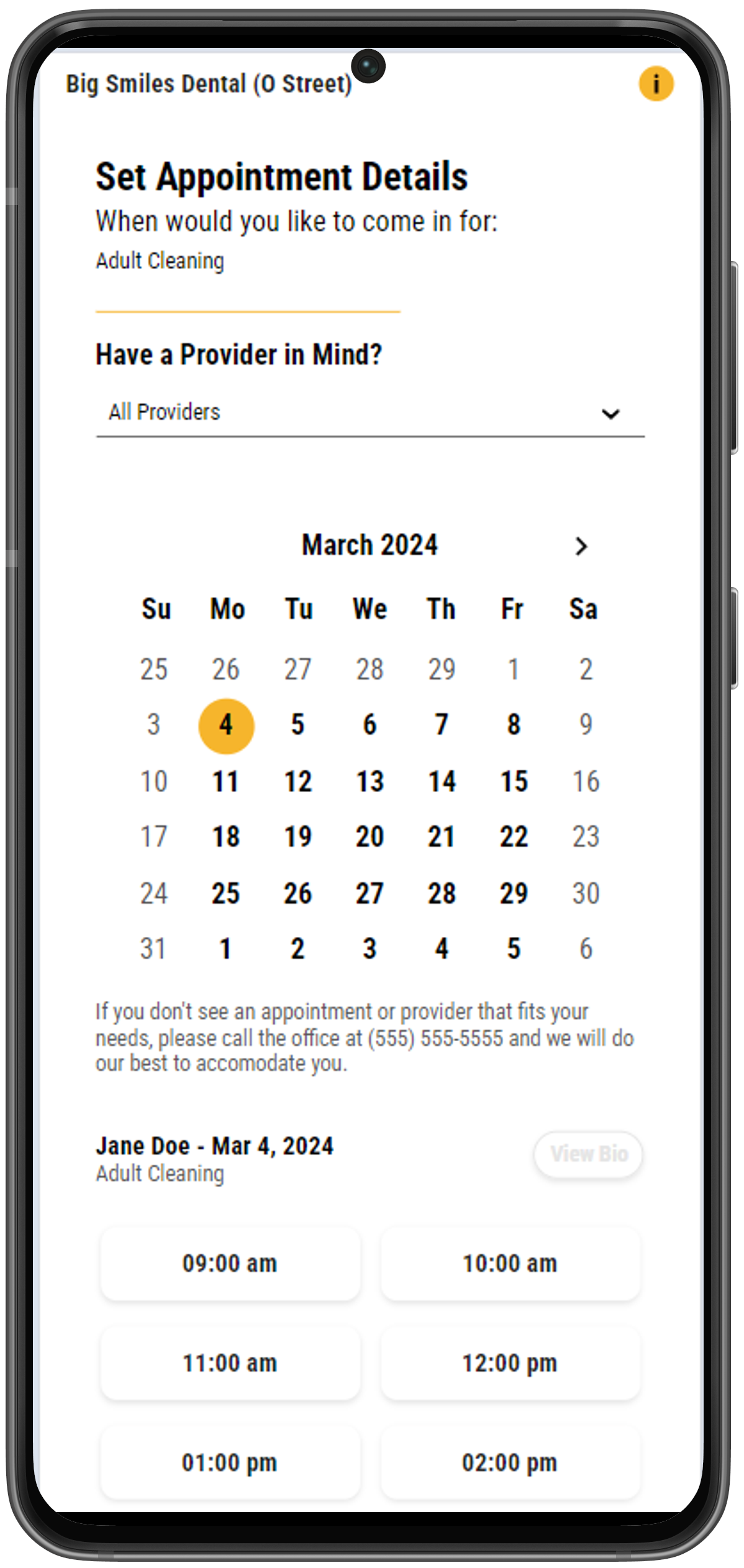 Phone showing Set Appointment Details page with a calendar and list of available appointment slots.
