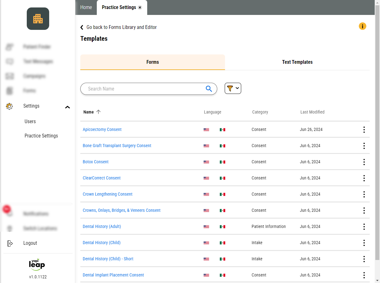 Templates page with the Forms tab selected and a list of forms displayed.