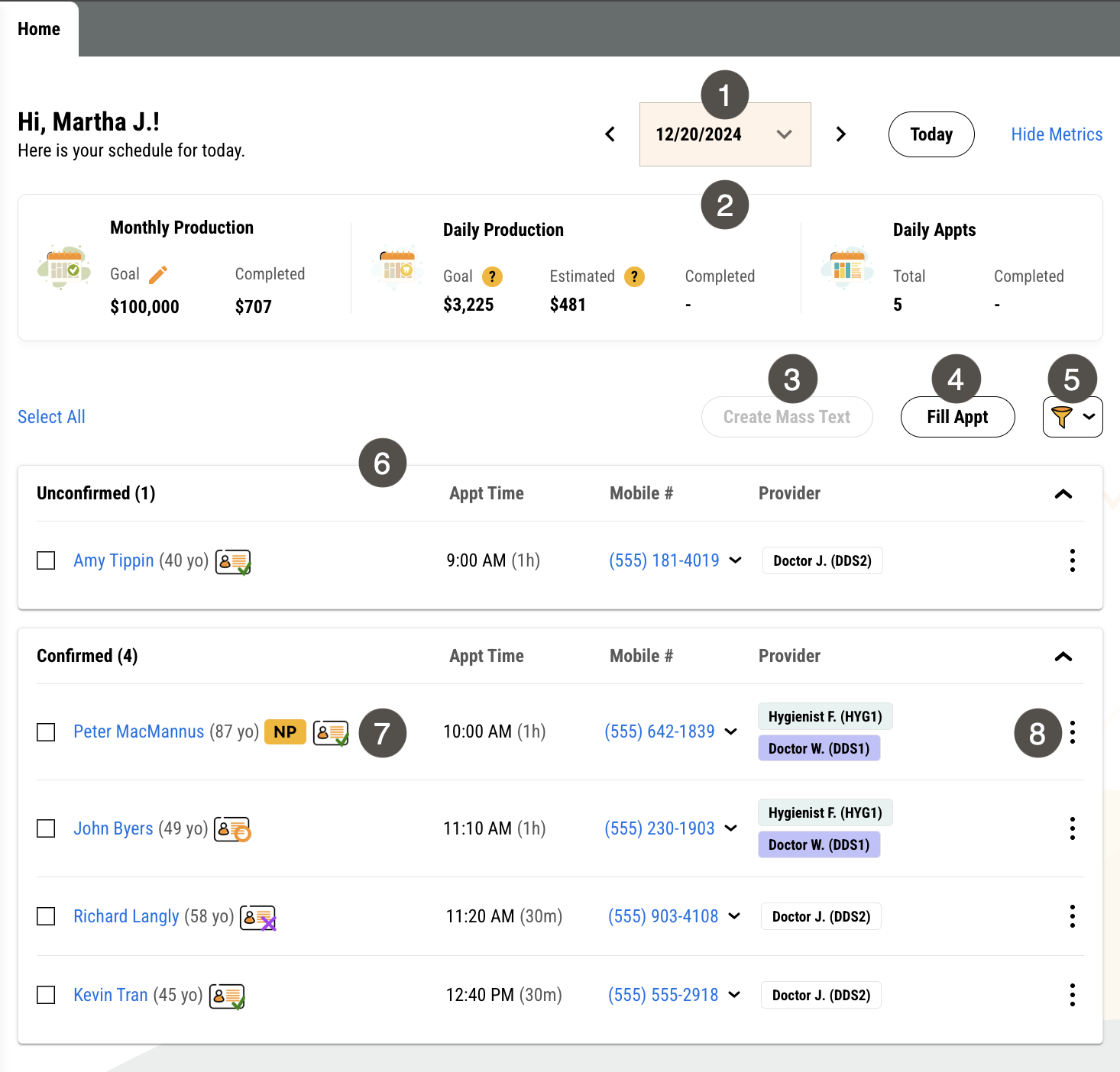 Leap homepage in future date view with several items labelled, described in the table to the right.