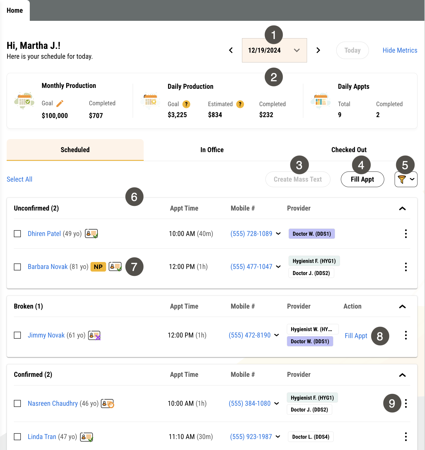 Leap homepage in current date view with several items labelled, described in the table to the right.