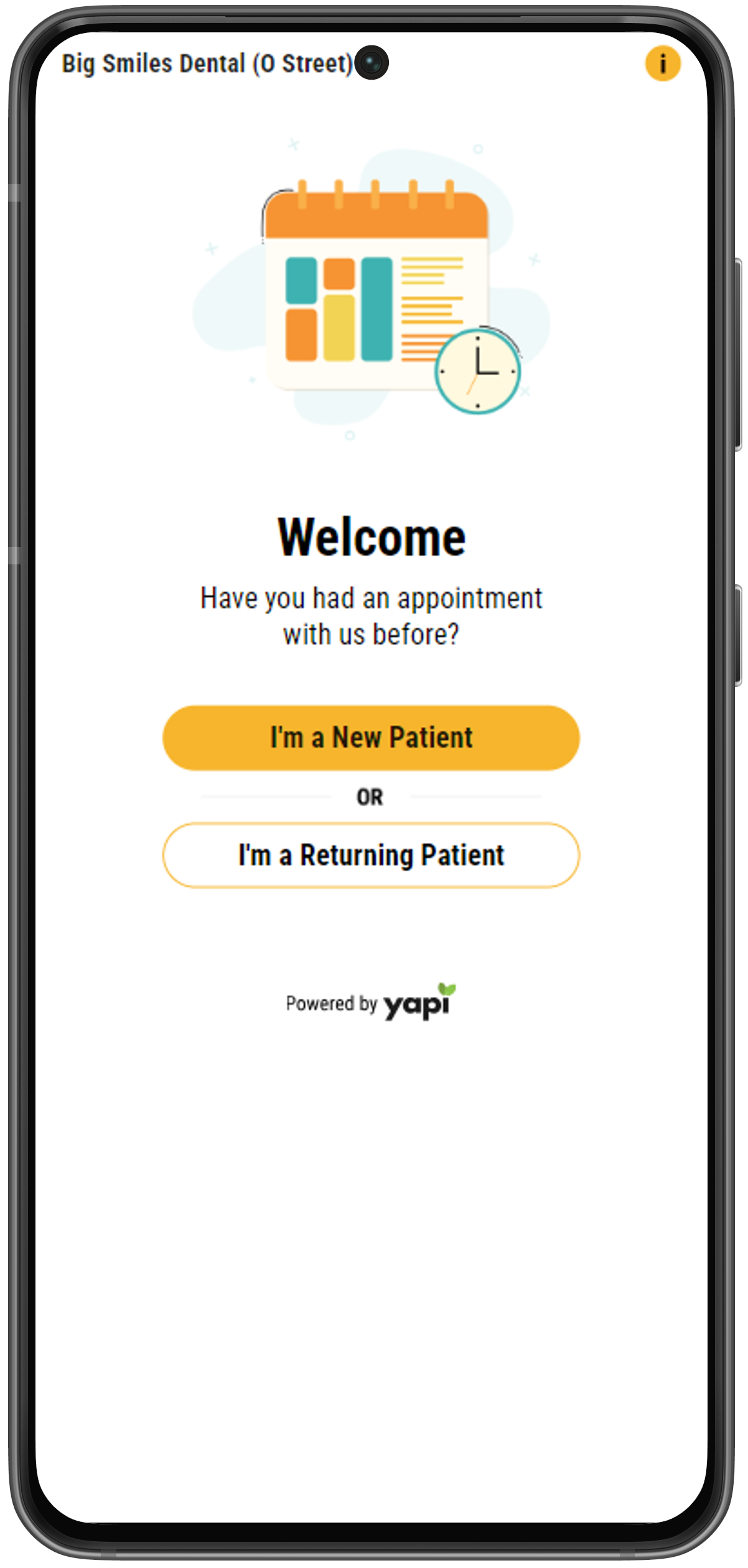 Phone showing welcome screen with two buttons that read "I'm a New Patient" and "I'm a Returning Patient".