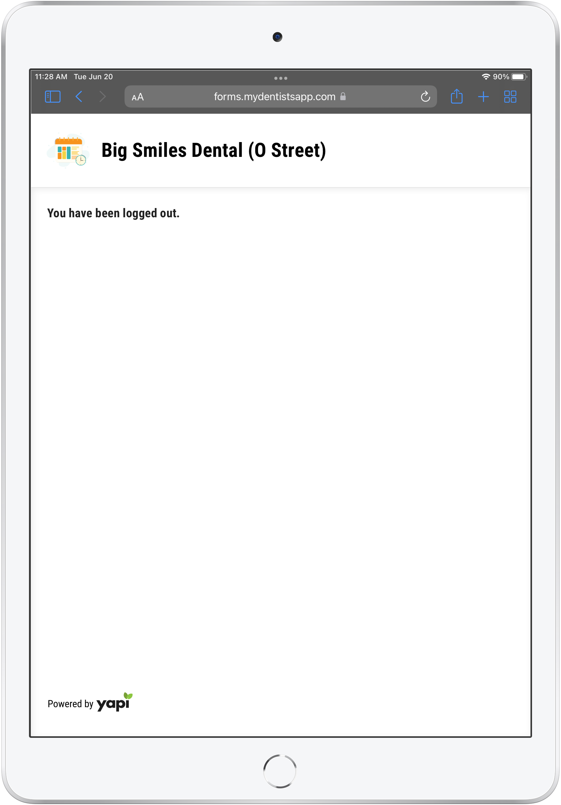 iPad showing a dental practice name and the message "You have been logged out".
