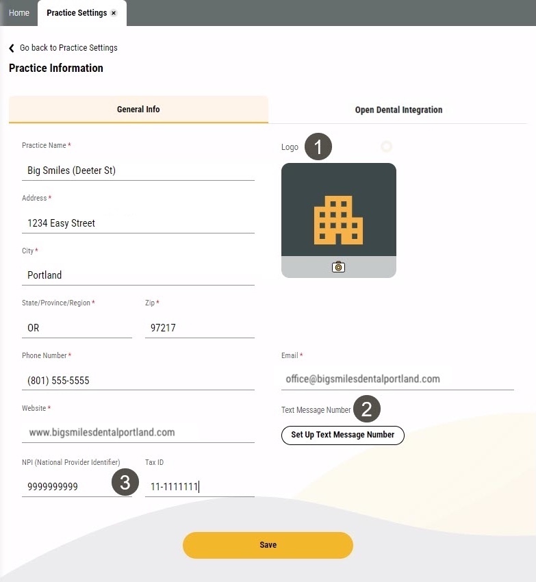 General Info tab of the Practice information page with several items labelled, described in the table to the right.