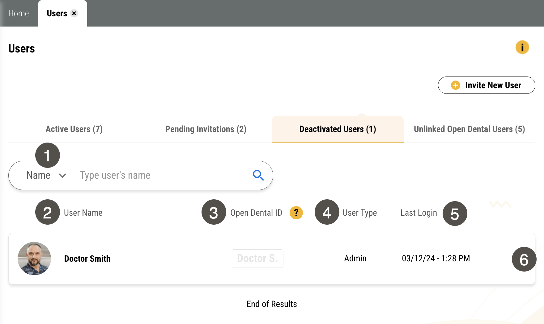 Deactivated Users tab of the Users page with several items numbered, described in the table to the right.