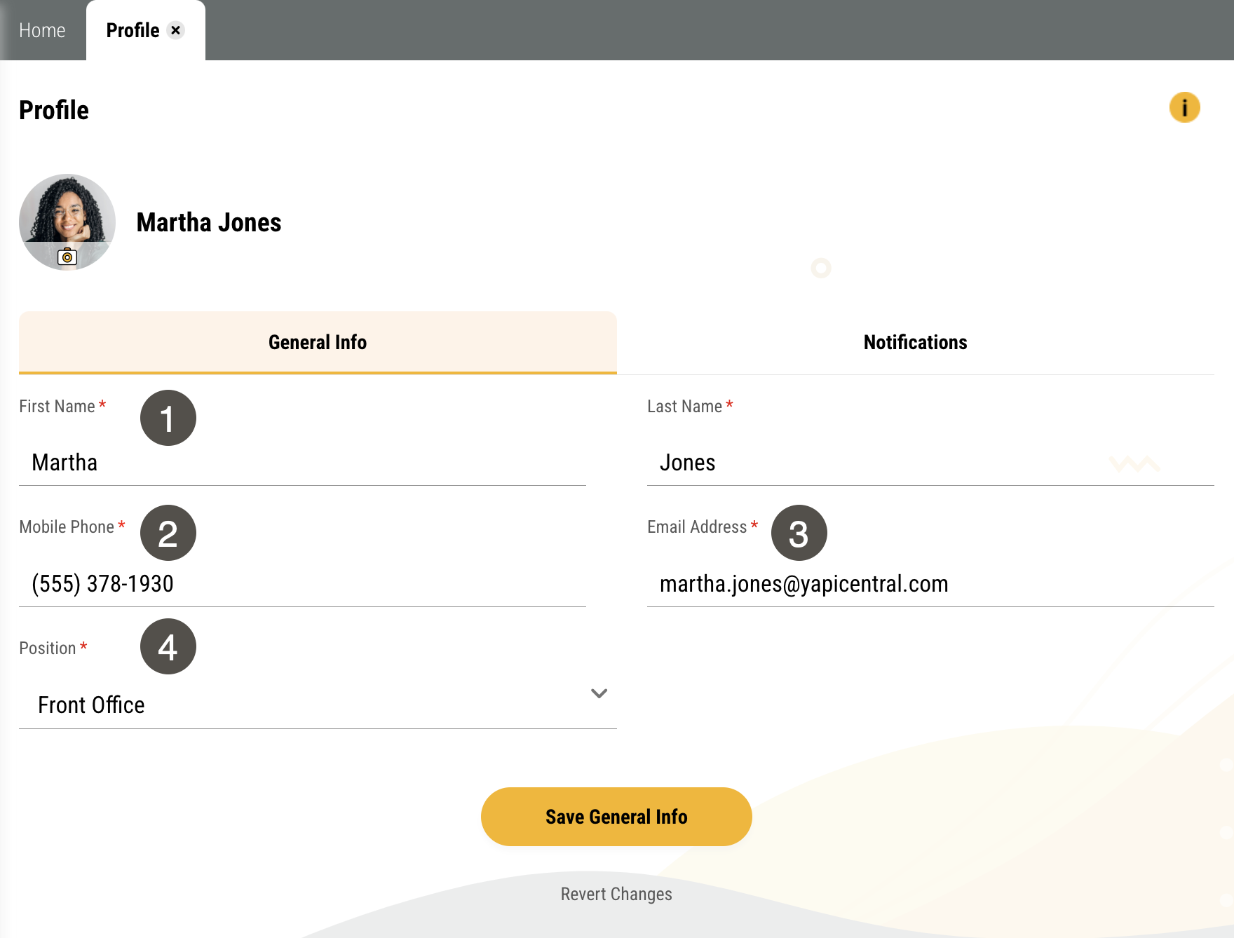 General Info tab on a user’s Profile page with several items numbered, described in the table to the right.