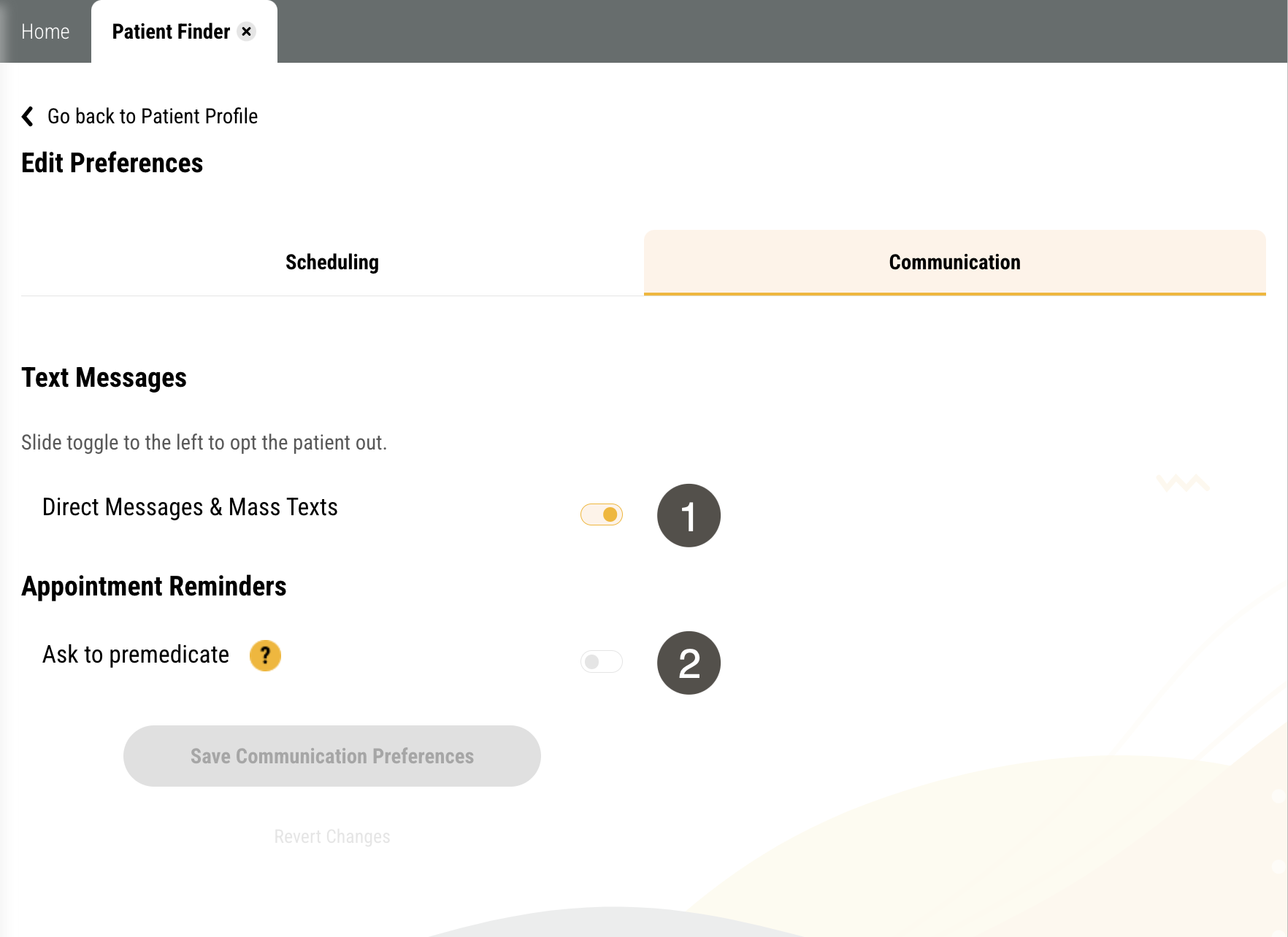 Communication tab of a patient's Edit Preferences page with two items labelled, described in the table to the right.