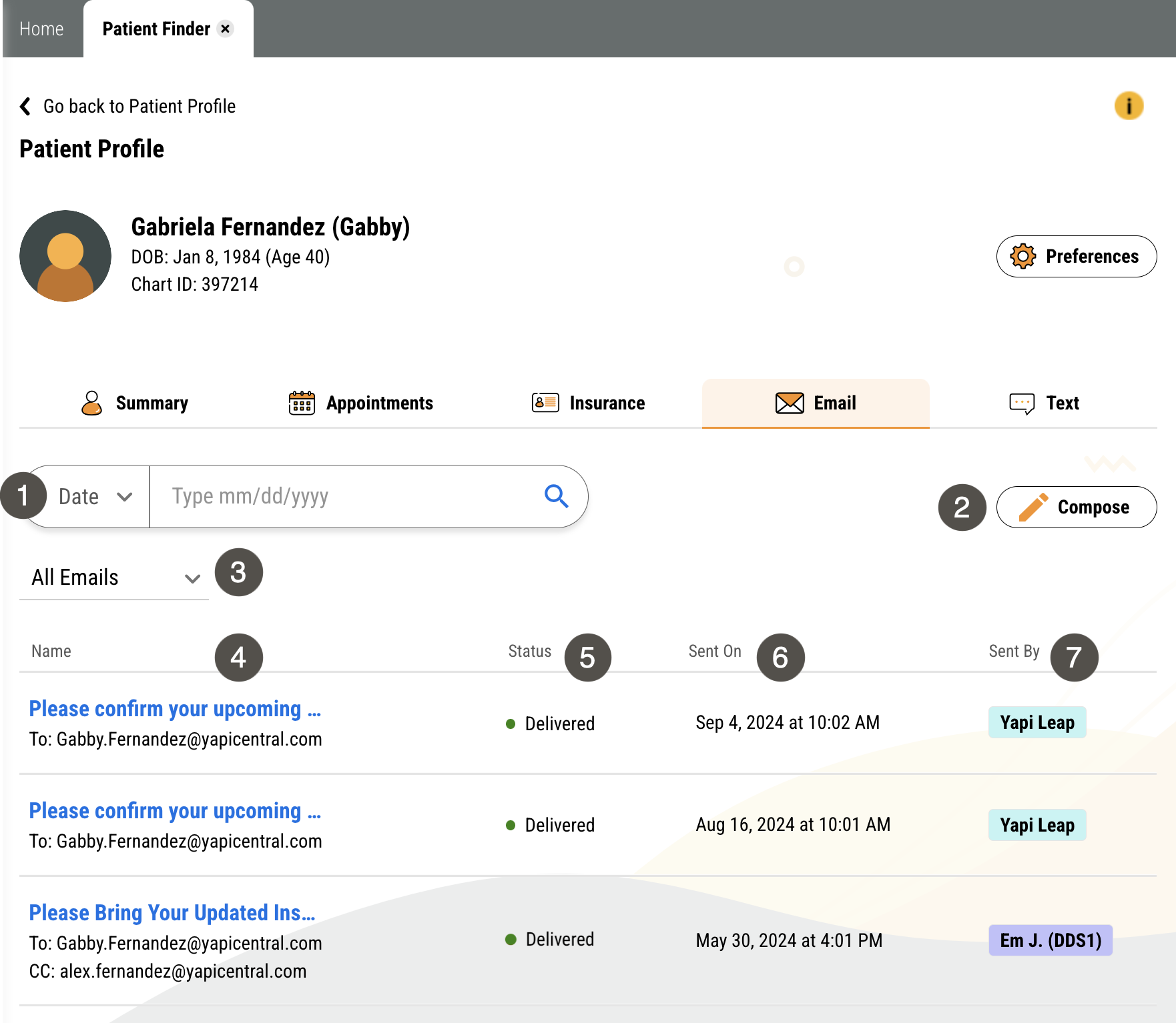 Patient Profile page showing Email tab with several items labelled, described in the table to the right.