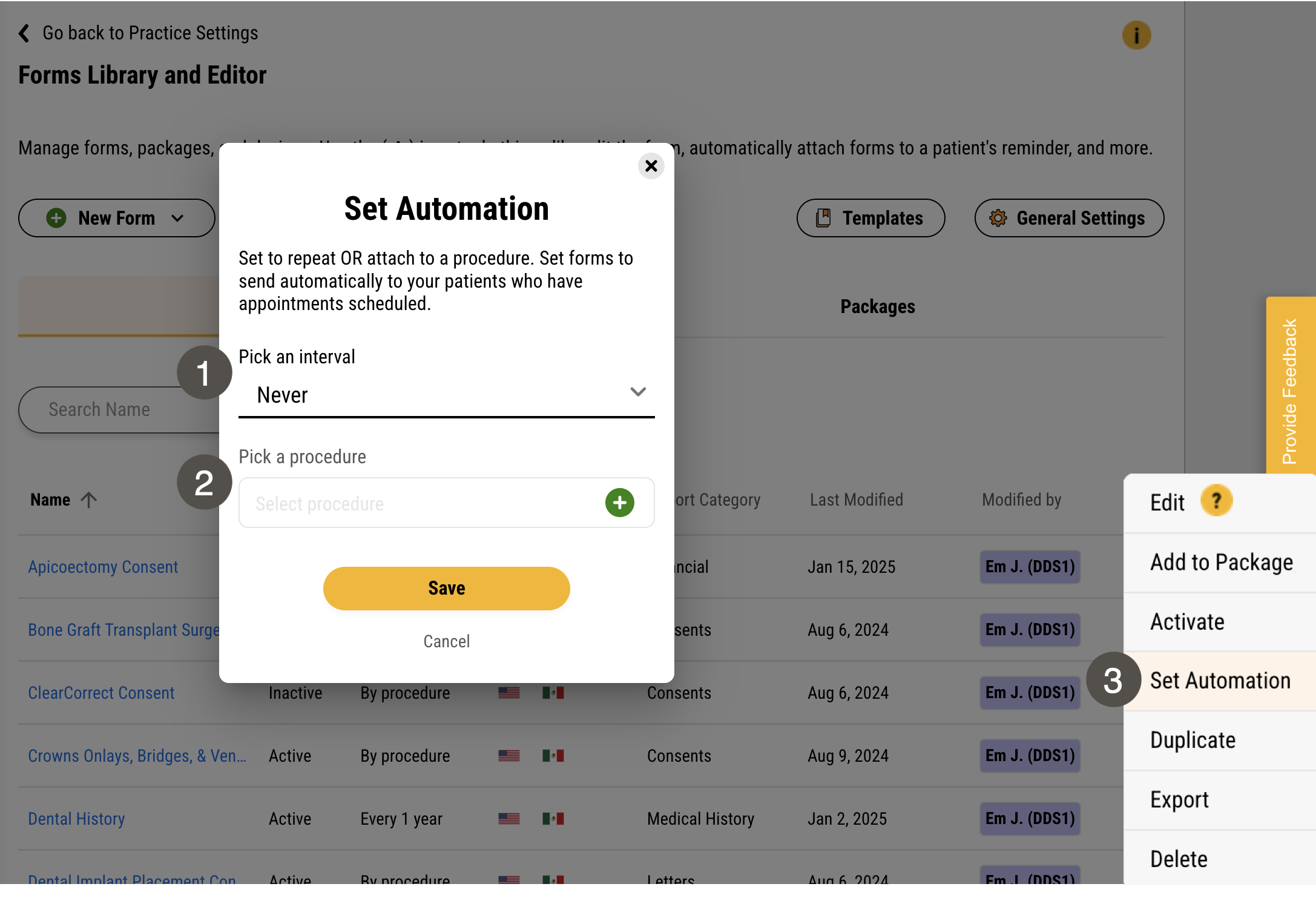 Forms Library and Editor page with Set Automation window open. Several items are labelled, described in the table to the right.