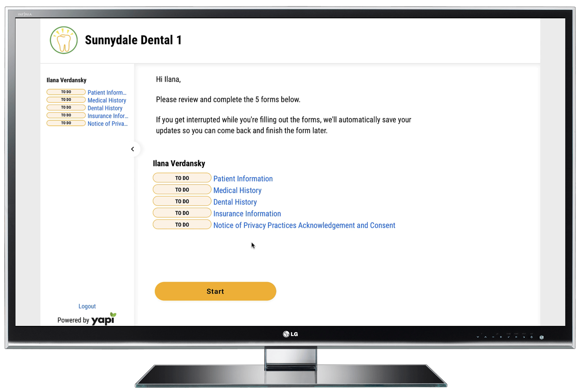 Computer monitor showing list of forms a patient must complete with a indicator next to each that reads "To Do". Below is a Start button.