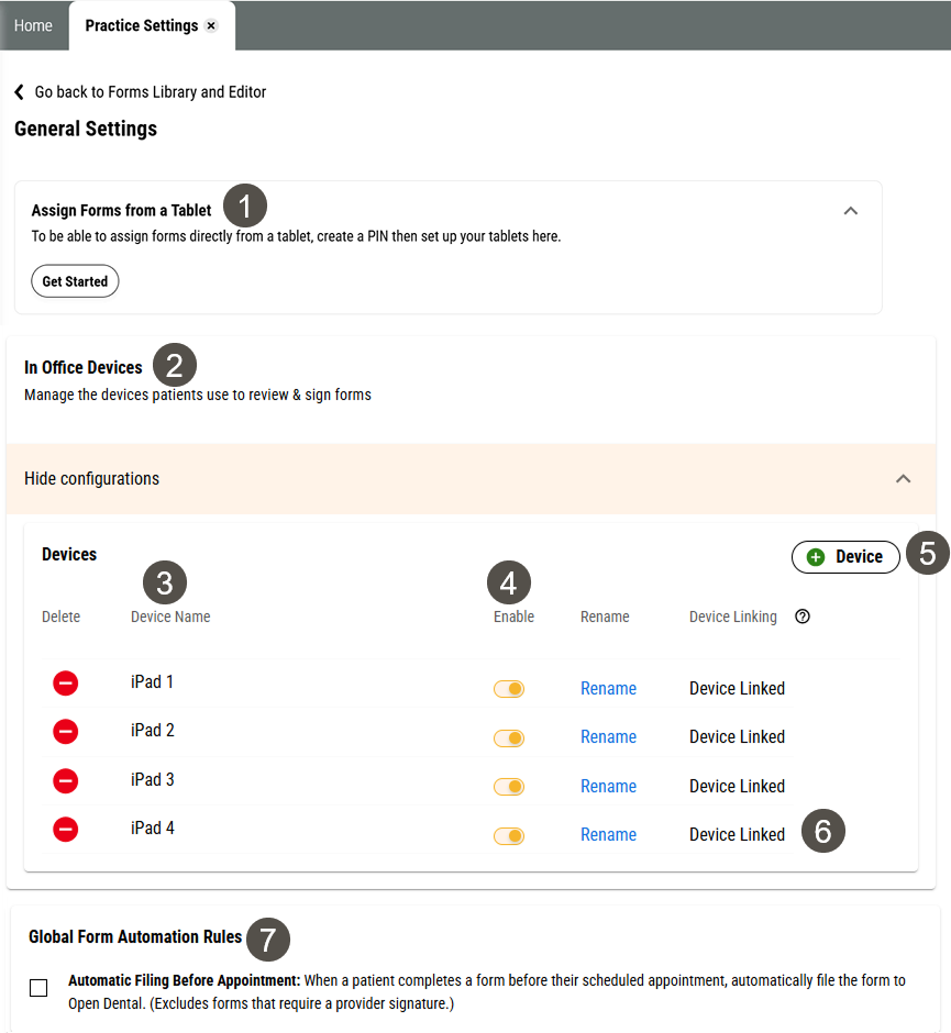Forms General Settings page with several items labelled, described in the table to the right.