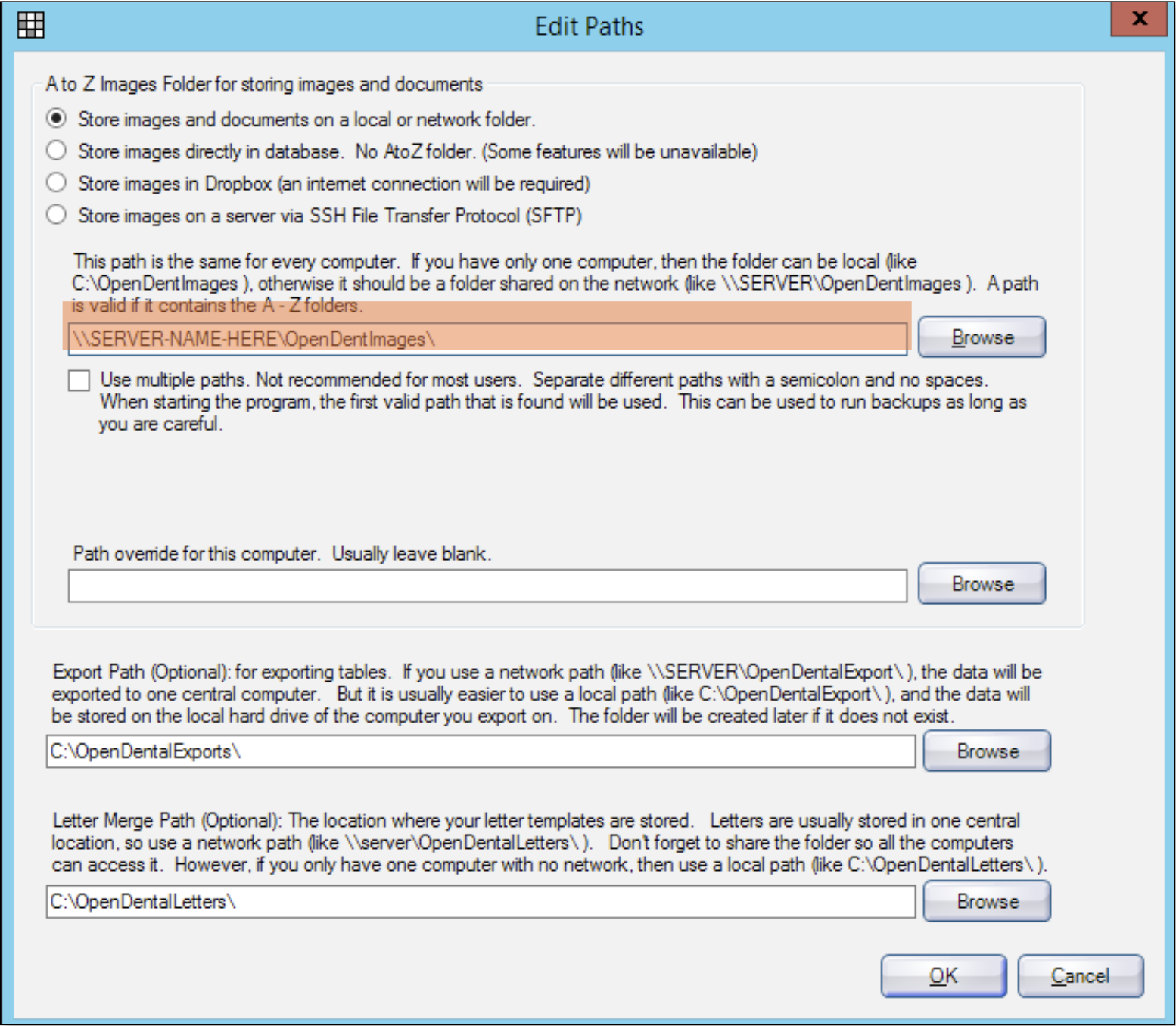 Edit Paths window with first box and its highlighted. Contents read "\\ SERVER NAME HERE \ OpenDentImages\".