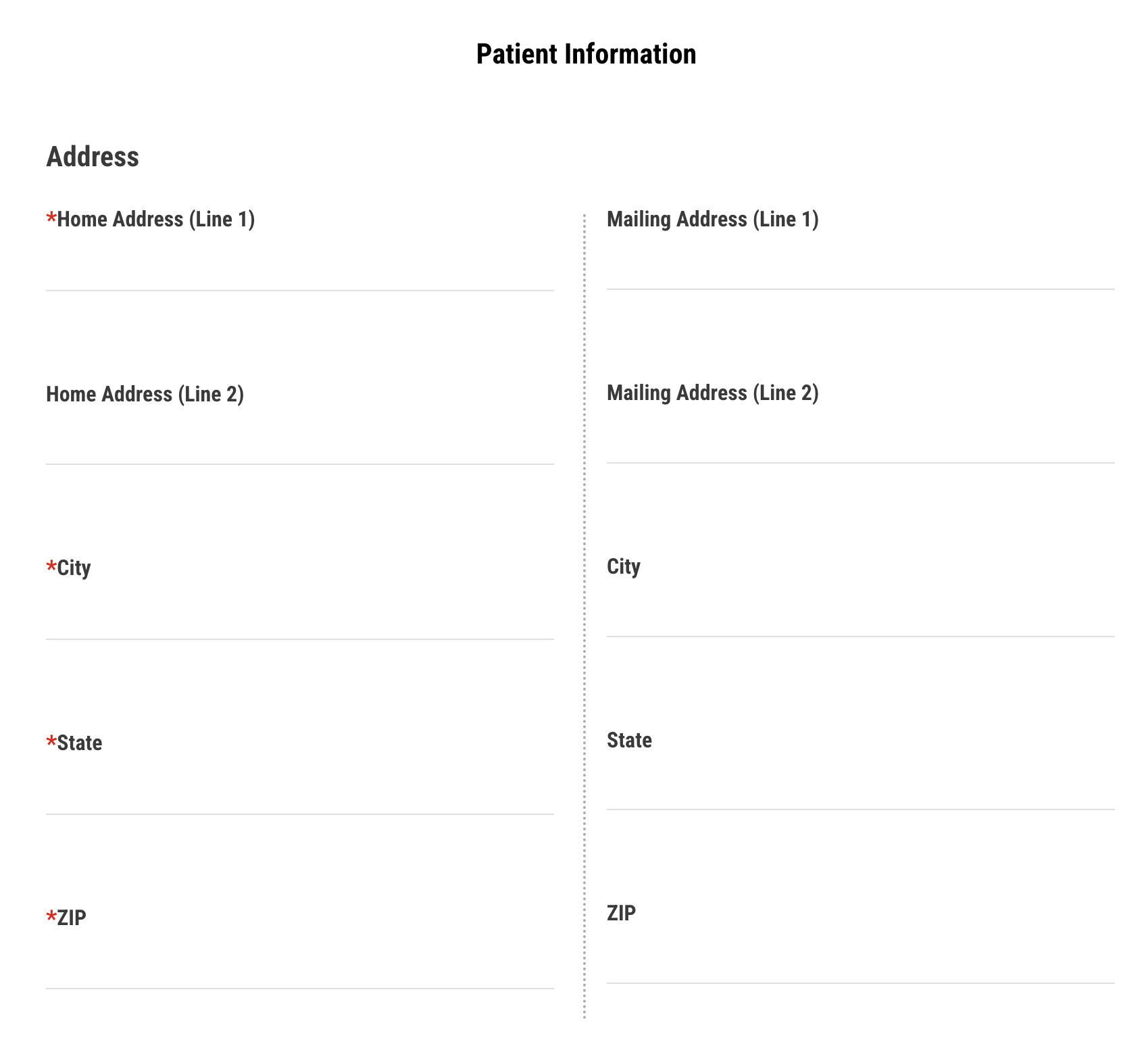 Patient Information form showing Address section with spaces for filling in a Home address on the left and Mailing Address on the right.