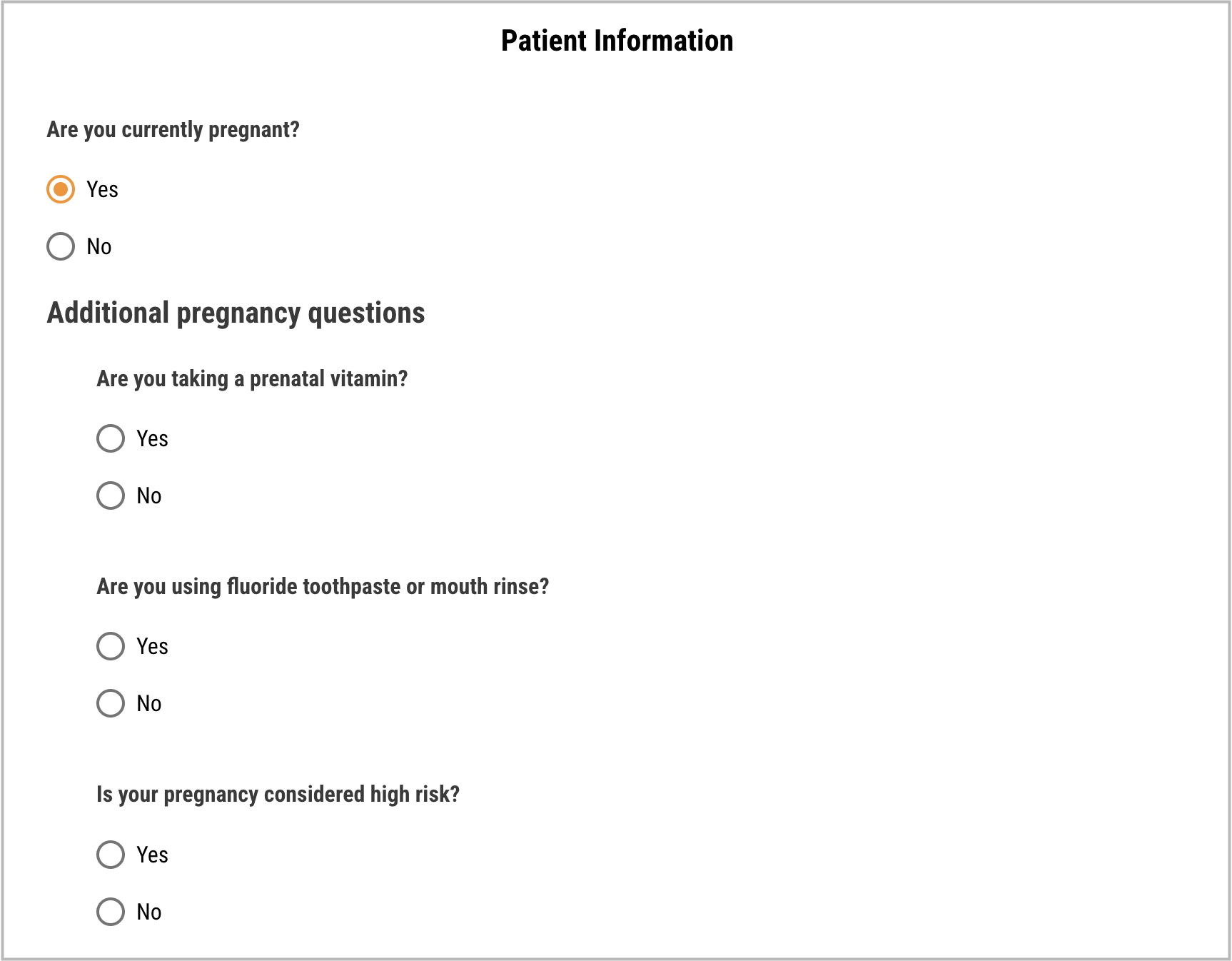Preview of a Patient form with the question "Are you currently pregnant" marked with a Yes answer and group of additional pregnancy questions appearing below it.